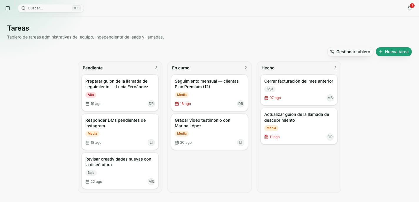 Tablero de Tareas de Hebulab con las columnas Pendiente, En curso y Hecho